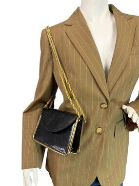 Vintage Robert Bestien Black Reptile Embossed Shoulder Bag w/ Double Gold Chain